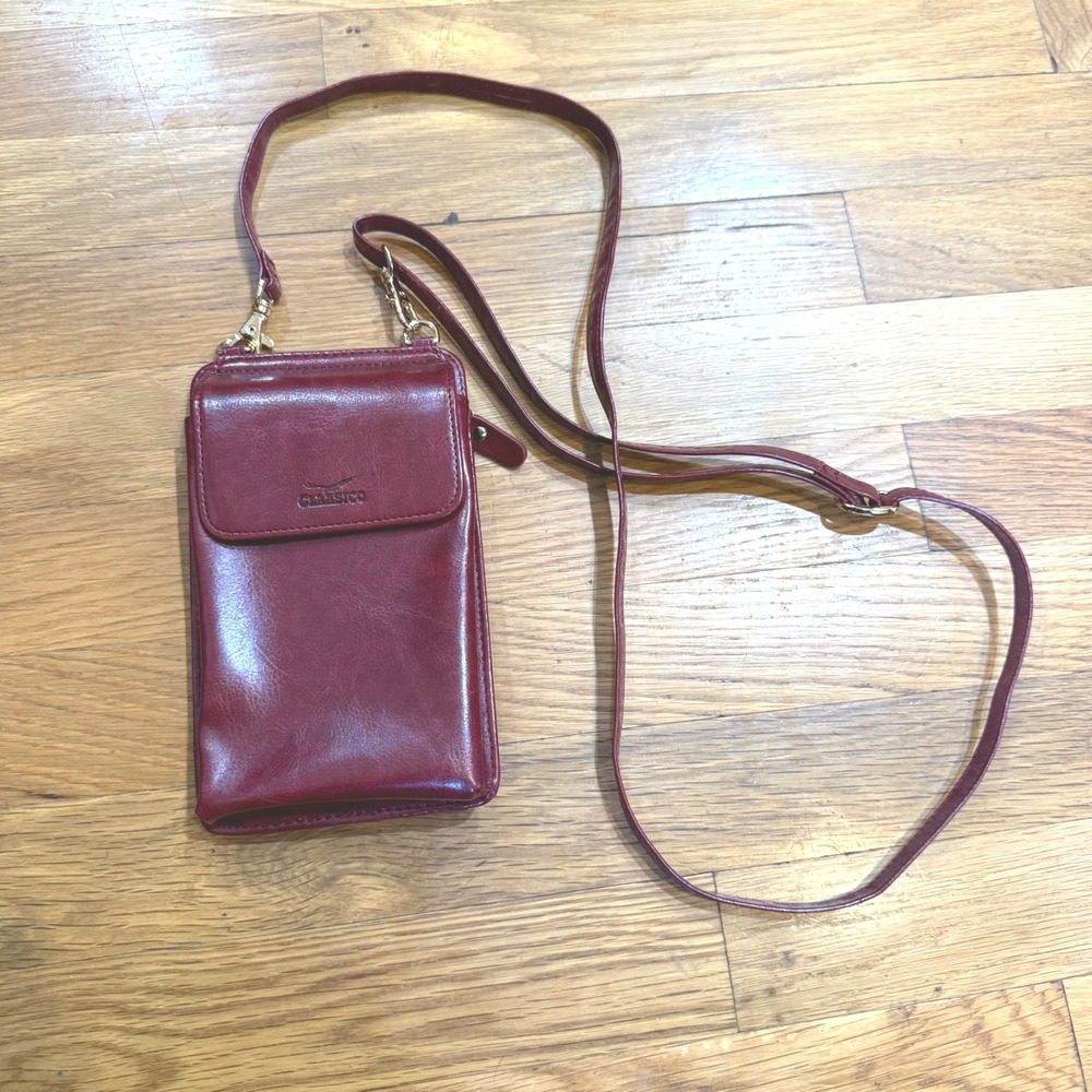 Clamsico Burgundy Faux Leather Crossbody Phone Bag Wallet Gold Hardware‎